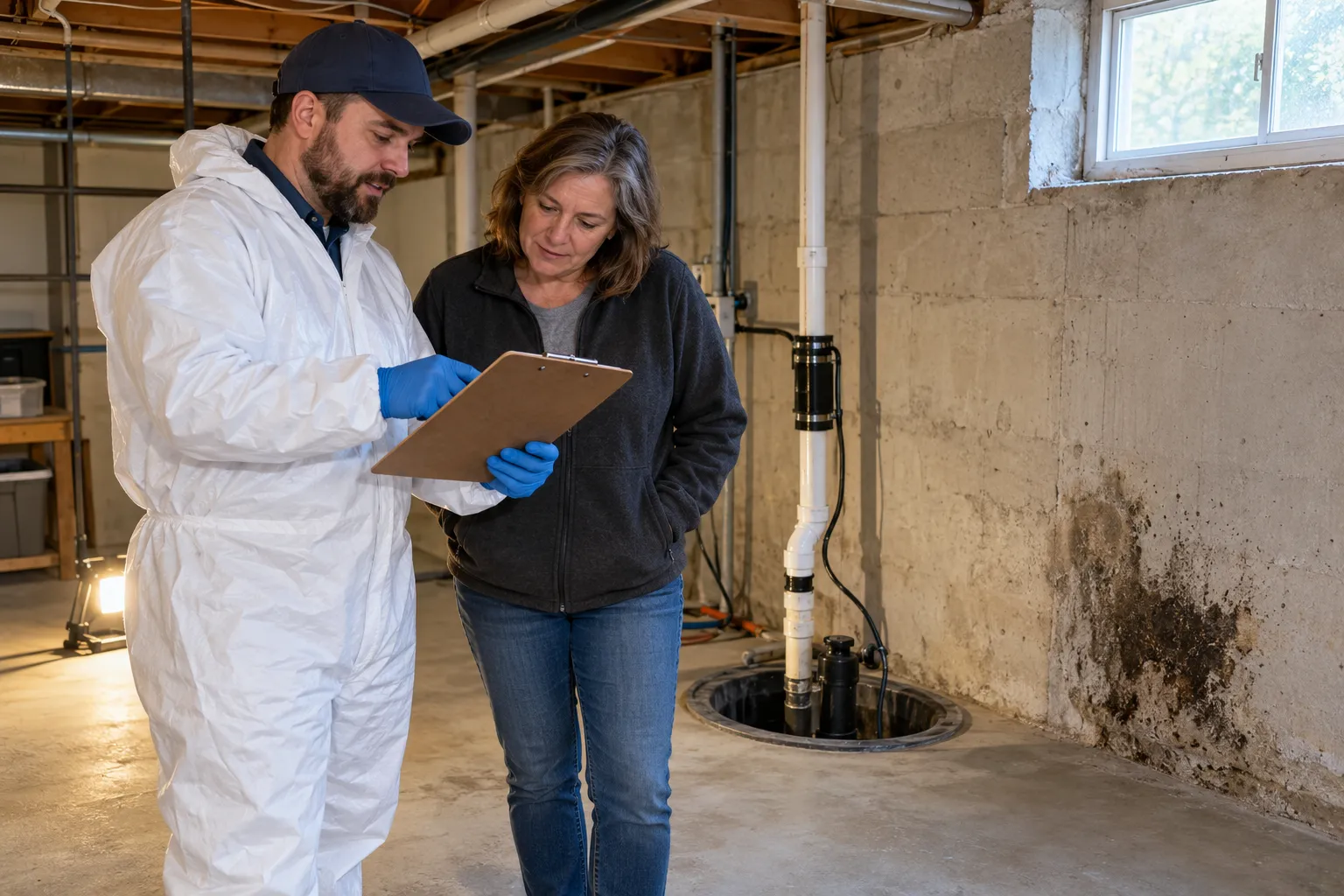 Homeowner and local mold provider looking at a basement wall together in a Cincinnati home