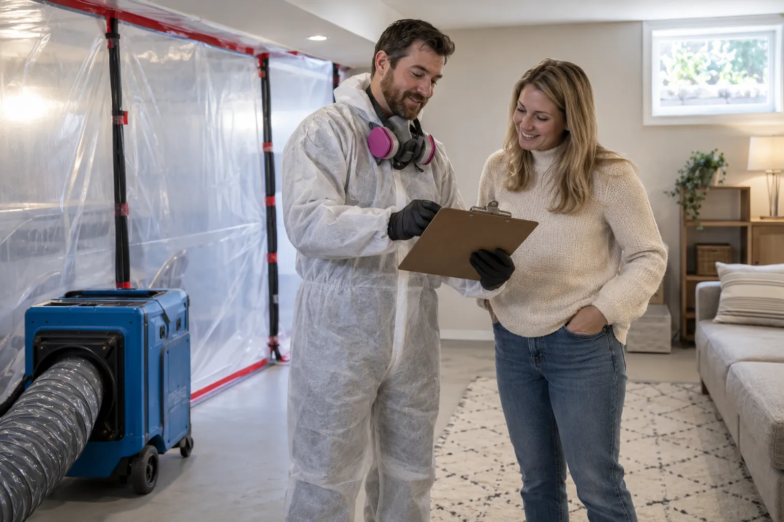A friendly provider showing a homeowner a moisture reading in a Cincinnati home